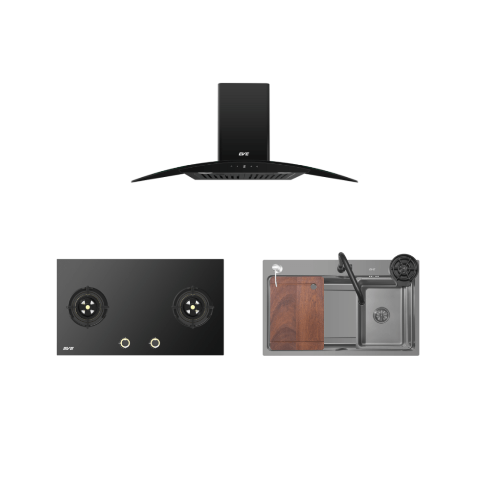 ชุดเซ็ท เตาแก๊สแบบฝัง 2 หัว + เครื่องดูดควันติดผนัง  + อ่างล้างจานสแตนเลส EVE รุ่น HC-DIESEL-90 PLUS + HB78-SBH289/BG + UMI 750/460 ขนาด 75 ซม. สีดำ_10